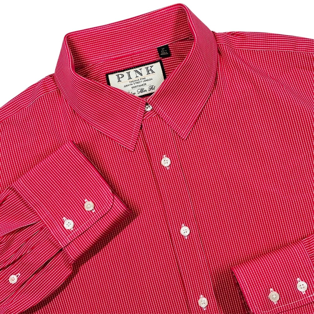 Thomas Pink Dress Shirt Men's 17" Red Micro-Check Super Slim Fit About Town